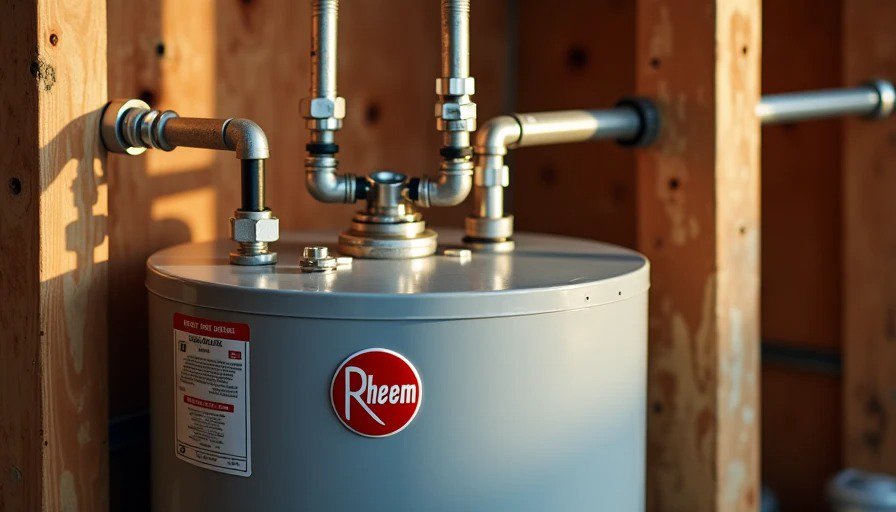 New Rheem 40 gal gas water heater installed in basement with visible plumbing connections
