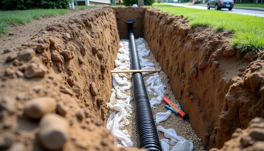 Exterior French drain installation with perforated pipe and gravel backfill along house foundation