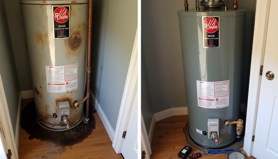 Before and after water heater replacement showing old leaking unit vs new one
