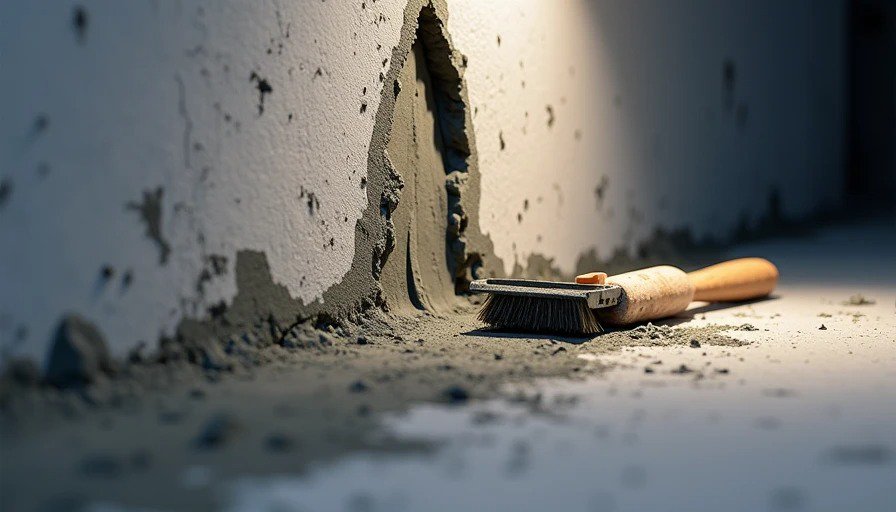 Foundation crack repaired with hydraulic cement in basement wall
