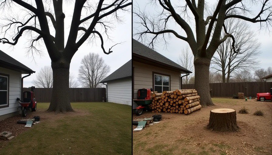Before and after removing a dead maple tree from backyard