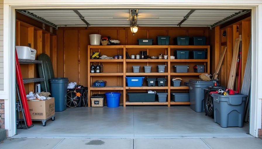 Before and after garage organization with custom built wooden shelves