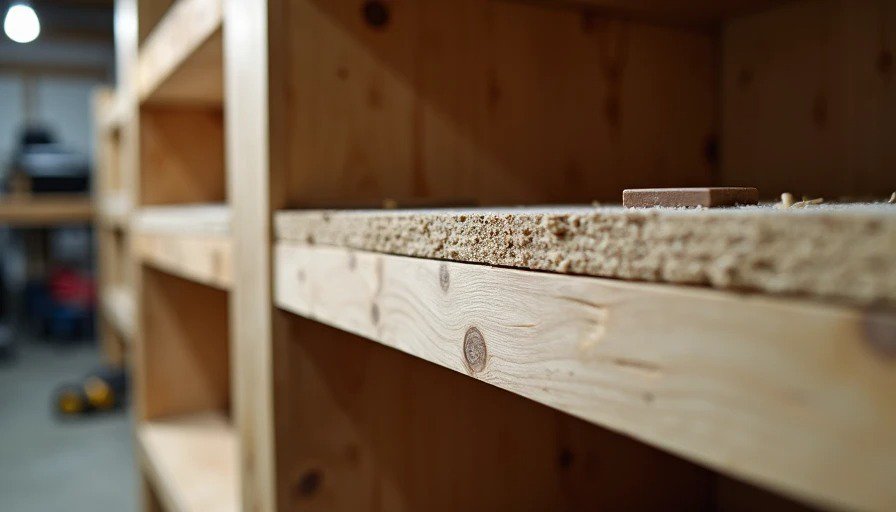 Close-up of 2x4 frame and OSB shelf construction for garage storage
