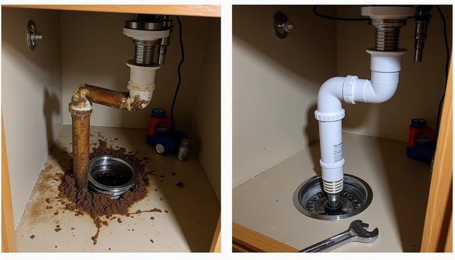 Before and after replacement of old rusty kitchen sink P-trap with new PVC